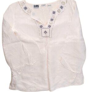 VTG Y2K Richard Malcolm Womens White Linen Embroidered Sequins Peasant Tunic Top